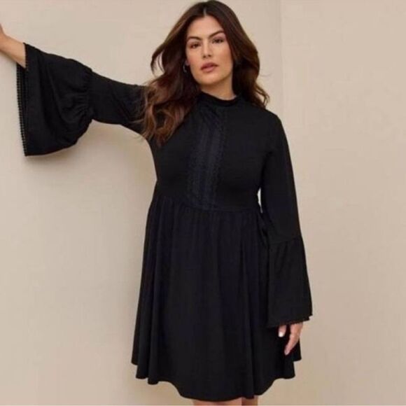 TORRID Black Bell Sleeve Skater Dress Stretch Knit
Lace Front Mock Neck 2X - Picture 1 of 7